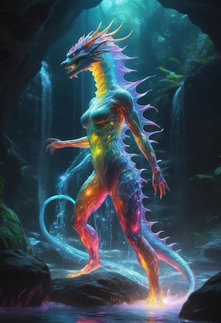 ((((translucent)))) and bioluminescent glass. rainbow liquid plasma, female humanoid dragon, full body dynamically posed, transparent ((xray art)), background tropical, water fall, illustration, extreme detail, digital art, 16k, ultra hd, oil painting, adult fantasy,sci-fi, bold colors, illustration, beautiful, cinematic lighting, highly detailed, , hyper-realistic, hyper-detailed, airbrush art, Bernie, ultra hd, realistic, vivid colors, highly detailed, UHD, perfect composition, beautiful detailed intricate insanely detailed octane render trending on artstation, 16k artistic photography, photorealistic concept art, soft natural volumetric cinematic perfect light, caustic reflections, heavy bokeh