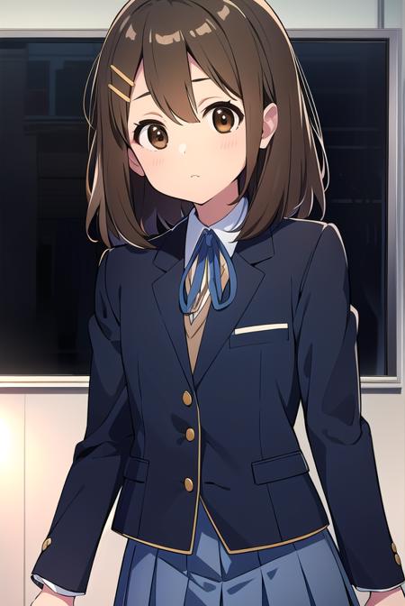 yuihirasawa, <lyco:yuihirasawa-LYCORIStest:1>,
yui hirasawa, (brown eyes:1.5), brown hair, hair ornament, hairclip, medium hair, (flat chest:1.2),
BREAK black pantyhose, blazer, blue jacket, blue ribbon, blue skirt, buttons, collared shirt, jacket, long sleeves, neck ribbon, pantyhose, pleated skirt, ribbon, sakuragaoka high school uniform, school uniform, shirt, skirt, white shirt, winter uniform,
BREAK looking at viewer,
BREAK indoors, classroom,
BREAK <lora:GoodHands-vanilla:1>, (masterpiece:1.2), best quality, high resolution, unity 8k wallpaper, (illustration:0.8), (beautiful detailed eyes:1.6), extremely detailed face, perfect lighting, extremely detailed CG, (perfect hands, perfect anatomy),