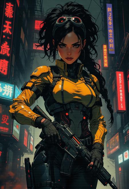 magnificent, closeup portrait, female bounty hunter, braided black hair, futuristic armor, battlesuit, mechanical armor, sleek armor, sexy, curvy, large breasts, large ass, aiming an assault rifle, assault rifle, aiming rifle, Cyberpunk City, Neon Lights, foreshortening,
solo, 
Cowboy Shot, close up, from above,