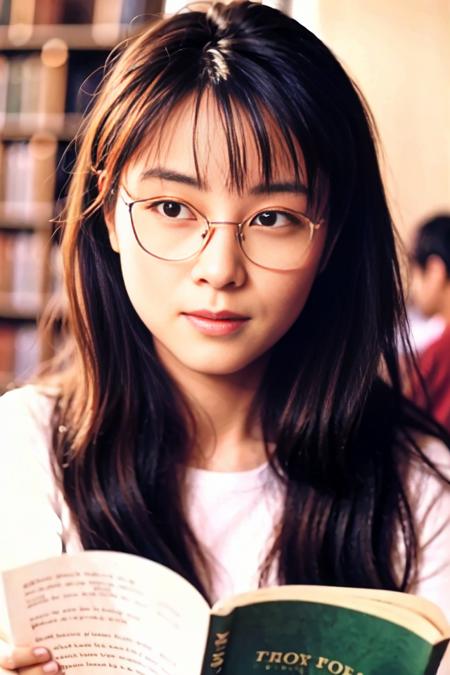 portrait photography of a college belle wearing gold wire glasses reading in the library, <lora:banjingquanshui:0.8>