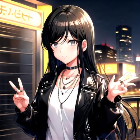 <lora:NotToyaSis-10:0.7>, tsubakid4dj, looking at viewer, shirt, long sleeves, jewelry, very long hair, closed mouth, collarbone, jacket, white shirt, upper body, open clothes, choker, shiny, necklace, shiny hair, open jacket, black jacket, swept bangs, ring,  leather, leather jacket