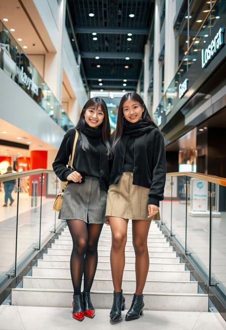 two happy, super beautiful 20 years old Chinese girls standing on the stairs of a shopping mall, wearing pantyhose, full people portrait, ultra quality, hires, photorealistic, outdoor background,