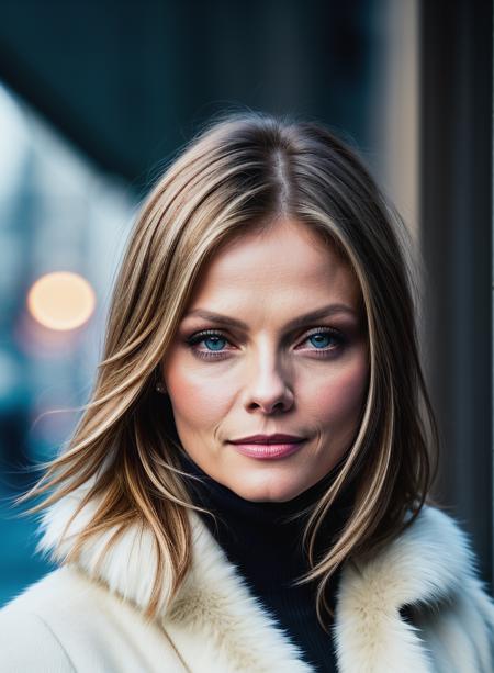 a beautiful woman (mpfe1ffer:.99), beautiful hair, winter Paris, elegant, snowing, natural skin texture, (fashionable fur coat), (turtleneck), sunset, cute smile, 24mm, 4k textures, soft cinematic light, adobe lightroom, photolab, hdr, intricate, elegant, highly detailed, sharp focus, ((((cinematic look)))), soothing tones, insane details, intricate details, hyperdetailed, low contrast, soft cinematic light, exposure blend, hdr, faded<lora:more_details:.6>