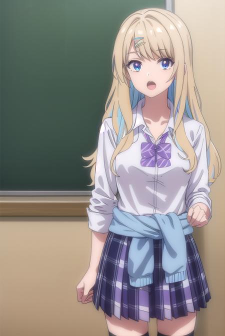 lunashirakawa, <lora:lunashirakawa-lora-nochekaiser:0.8>,
luna shirakawa, long hair, blue eyes, blonde hair, hair ornament, bow, multicolored hair, hairclip, <lora:talkmouth_O_v100:1>, open mouth, smile,
BREAK skirt, shirt, thighhighs, bow, school uniform, white shirt, pleated skirt, shoes, black thighhighs, bowtie, blue skirt, plaid, plaid skirt, loafers, purple bow, clothes around waist, gyaru, purple bowtie,
BREAK looking at viewer,
BREAK indoors, classroom, (cowboy shot:1.5),
BREAK <lyco:GoodHands-beta2:1>, (masterpiece:1.2), best quality, high resolution, unity 8k wallpaper, (illustration:0.8), (beautiful detailed eyes:1.6), extremely detailed face, perfect lighting, extremely detailed CG, (perfect hands, perfect anatomy),