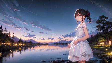 (masterpiece,best quality:1.6),
(solo,1girl,bust,white dress:1.2),
scenery,(night, starry sky, lake, reflection),
flower,butterfly,