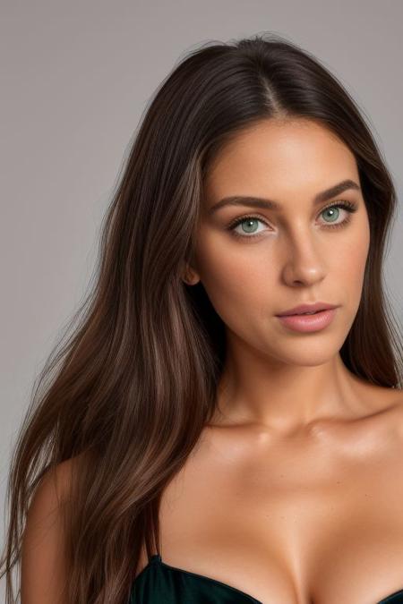 a close up shot of a beautiful 27yo girl, ((realistic green eyes)), red night dress