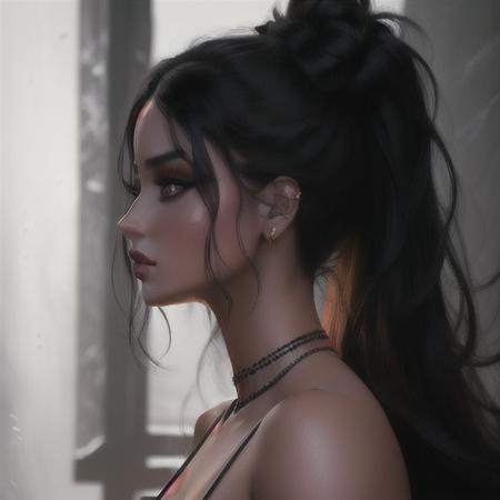 (Side profile:1.4) ((stunning)) (anaarmas1) <lora:anaarmas1-10:0.9>  wearing a (black choker) with (black:1.5), ((highly detailed eyes)), ethereal, seductive, ((perfect eyes)), (glossy nude lips), photorealistic, full, 4K, trending on artstation,( masterpiece)