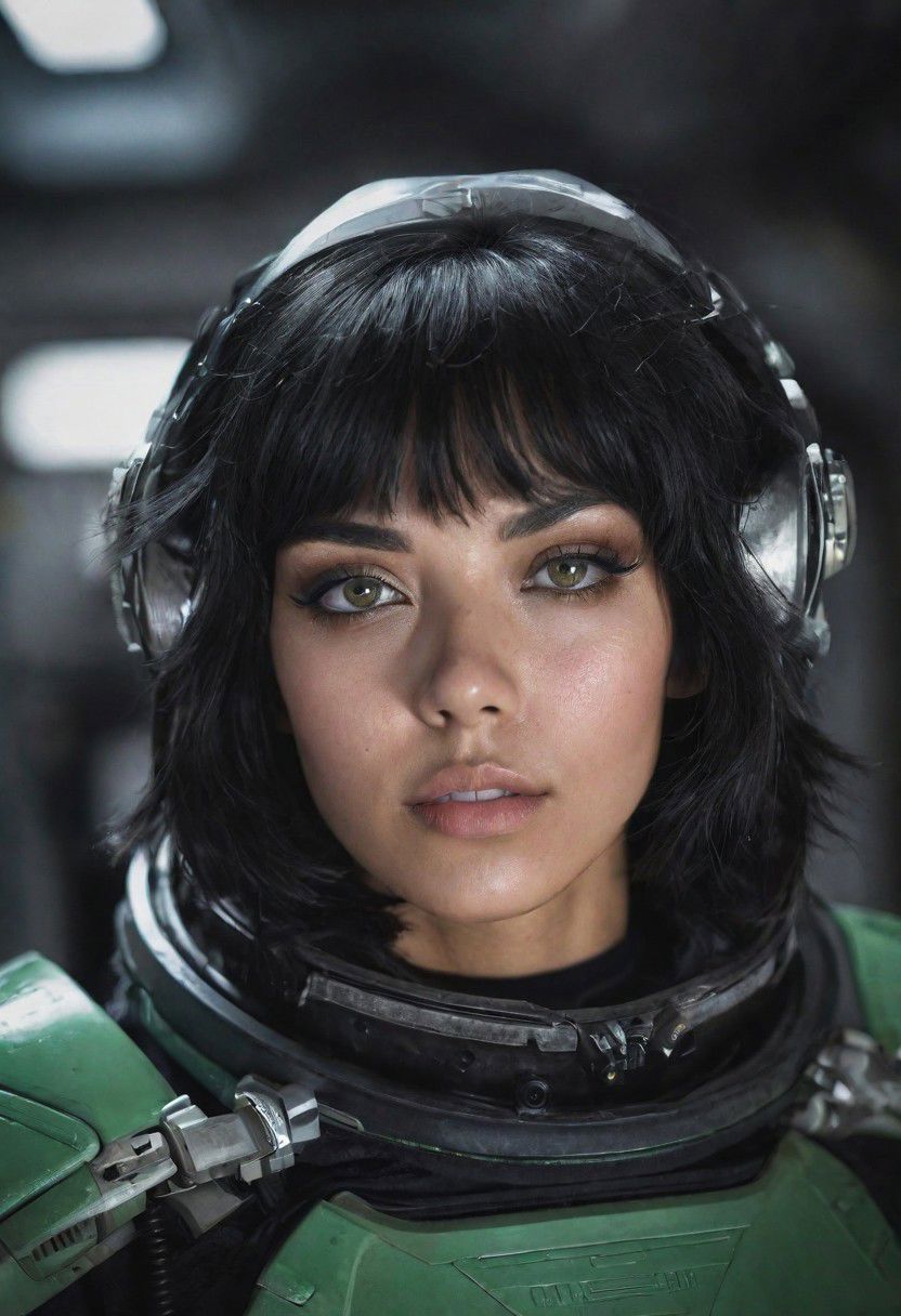 photo of a black hair woman, in space, futuristic space suit, (freckles:0.8) cute face, sci-fi, dystopian, detailed eyes, green eyes, 16k