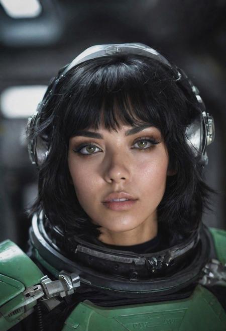 photo of a black hair woman, in space, futuristic space suit, (freckles:0.8) cute face, sci-fi, dystopian, detailed eyes, green eyes, 16k