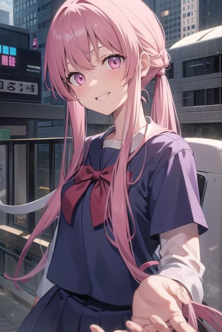 yunogasai, <lora:yunogasaitest:1>, yuno gasai, long hair, (pink eyes:1.5), pink hair, smile, grin, low twintails,
BREAK school uniform,
BREAK outdoors, city,
BREAK looking at viewer, BREAK <lora:GoodHands-vanilla:1>, (masterpiece:1.2), best quality, high resolution, unity 8k wallpaper, (illustration:0.8), (beautiful detailed eyes:1.6), extremely detailed face, perfect lighting, extremely detailed CG, (perfect hands, perfect anatomy),