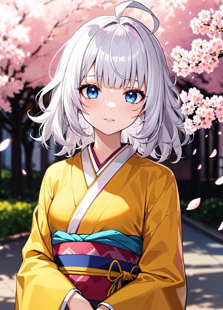 absurdres, best quality, sharp focus, solo, 1girl, petite,  (white hair, medium hair, messy hair, wavy hair, silver hair, ahoge:1.2), blunt bangs, blue eyes, (yellow kimono:1.1), (upper body:1.2), small breasts, outdoors, cherry blossoms, soft lighting