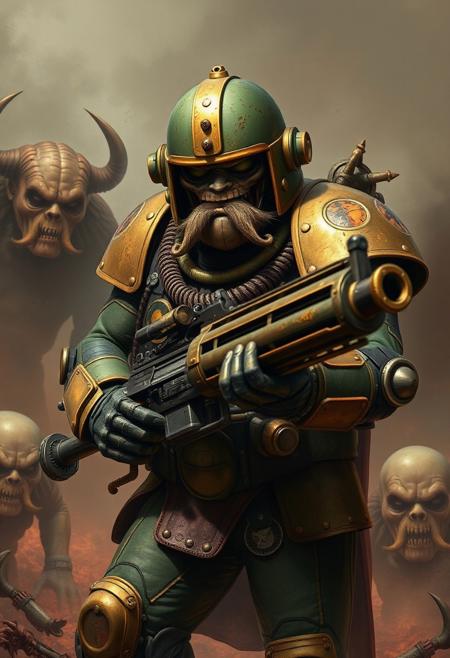 Steampunk doomslayer. The Doom Guy from the 1993 videogame, The space marine that everybody knows, his helmet made of brass painted green with lots of marks and scuffs visual reminder of the many fights with demons. The rest of the fighting suit is also made of bolted steel, braze brass, pipes and wood. He holds a repeating machine gun with a water jacket. background shows the plains of hell on a hellish planet. Surrounded by ghouls with victorian curved moustaches