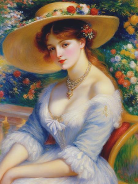 <lyco:Pierre-AugusteRenoir:1.0> a painting in style of Pierre-Auguste Renoir, This charming painting depicts a young woman of fashion, seated on a terrace overlooking a sun-drenched garden. She wears a fashionable hat adorned with flowers, and a diaphanous gown that clings to her curves. A fluffy white cat sits on her lap, purring contentedly. Renoir's use of light and color creates a warm, inviting atmosphere, and the sense of leisure and luxury is palpable. The woman's gaze is directed off into the distance, as if lost in thought or contemplation, and the viewer can't help but be drawn into her world