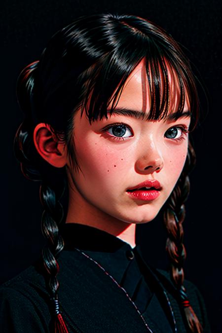 (best quality,masterpiece:1.2),high detail,photo realistic,(((1girl))),<lora:kohaku_v01-000006:1>,kohaku,18 years old girl,((bangs)),black hair,bright skin,(((flat chest))),((low twin braids)),serafuku,sailor collar,school uniform,japanese student,(perfect face:1.3),bright lighting,beautiful detailed eyes,(beautiful detailed nose),(extremely detailed face:1.2),perfect lighting,((standing)),contrapposto,<lora:serafuku:1>,((black serafuku:1.2)),simple background,dark background,