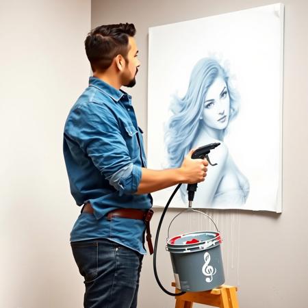 An image of a male painter in a blue button-down shirt spraying paint on a wall with a paint bucket, giving the viewer the impression that he is painting a portrait of a beautiful lady on the wall.