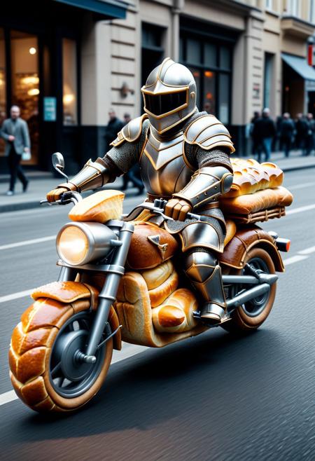 (made of bread:1.3), from side, closeup small motorcycle made of bread, bread armor knight driving, run through on town made of bread, cinematic, cinematic lighting, (masterpiece, best quality:1.4), ultra-high res, 4k, Photorealistic, insanely detailed, sfw,