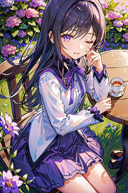 Homura Akemi, 1girl, solo, from above, best quality, extremely detailed, (sitting at a table having tea in a purple_flower garden), flat chest, extremely detailed textures, eyes closed, (extremely detailed shiny_anime_style_eyes) casual pose, posing BREAK sunshine, windy, purple flowers, garden, aesthetic, intricate, sharp focus, <lora:HomuraAkemi:1>