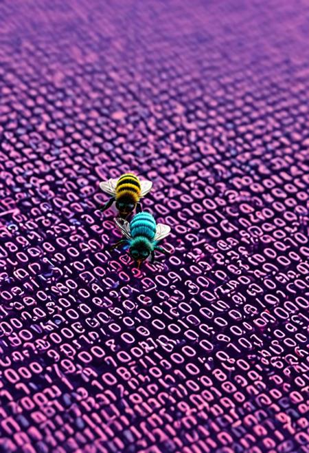 Tilt-shift photo of blue and pink matrix codes codeandigital, c0dean0igital, cyberw0rlds, 
bees,
Selective focus, miniature effect, blurred background, highly detailed, vibrant, perspective control