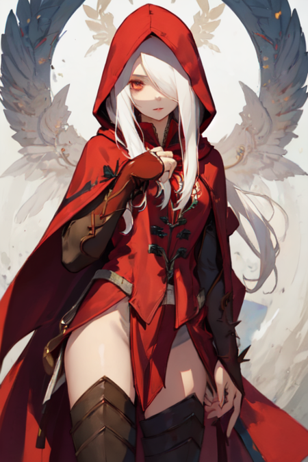 ArgentaDN, 1girl, solo, long hair, thighhighs, white hair, red hood, hair over one eye, bridal gauntlets, hooded cloak, hood up, 