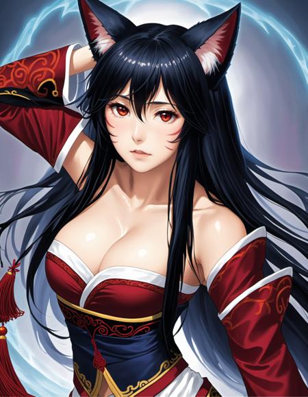 ahri, 1girl, long hair, animal ears, whisker markings, korean clothes, cleavage, detached sleeves