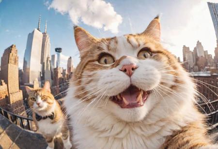(dogs and a big fat fluffy cat, smiling taking a selfie) with a (super wide angle lenses:0.67). happy vibes, New York city center backdrop. warm lighting. Masterpiece, 8k uhd, iconic, cinematic