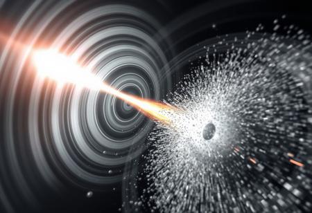 A chrome and silver beam hitting a supervillain 100 metres away. The beam is about 1 metre thick and surrounded by multiple concentric grey and white circles of varying diameter   And the impact has an explosion of grey scale and metallic particles. Each particle is concentric. They are 5 to 300 mm in diameter