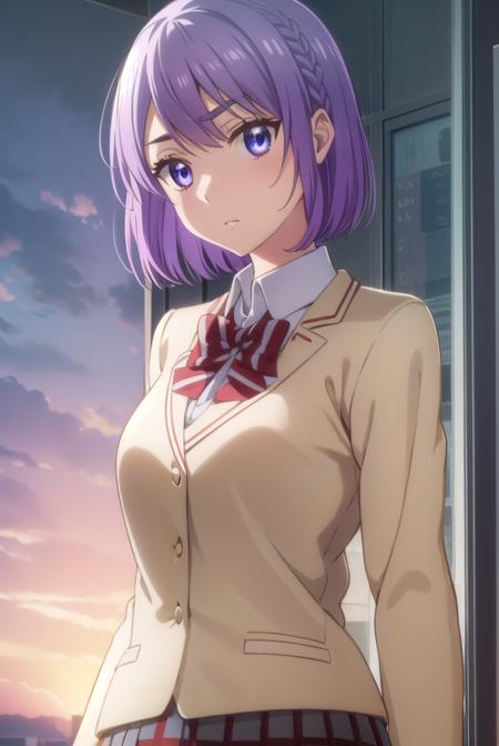 neneodagiri, <lora:nene odagiri s1-lora-nochekaiser:1>,
nene odagiri, short hair, (purple eyes:1.1), purple hair, braid,
BREAK skirt, bow, school uniform, jacket, pleated skirt, plaid, plaid skirt, blazer,
BREAK indoors, classroom,
BREAK looking at viewer,
BREAK <lyco:GoodHands-beta2:1>, (masterpiece:1.2), best quality, high resolution, unity 8k wallpaper, (illustration:0.8), (beautiful detailed eyes:1.6), extremely detailed face, perfect lighting, extremely detailed CG, (perfect hands, perfect anatomy),