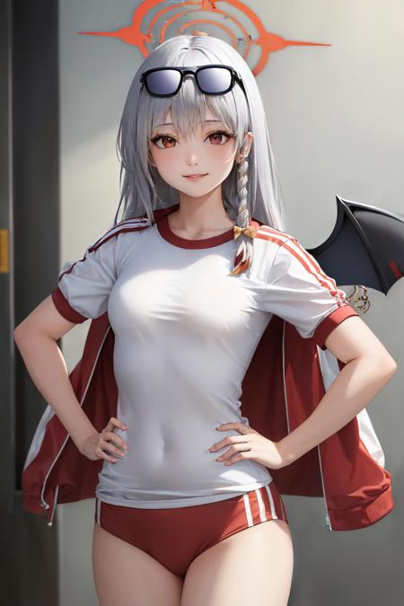 (masterpiece, best quality:1.2), cowboy shot, solo, 1girl, harunagym, smile, looking at viewer, hands on hips, braid, eyewear on head, halo, jacket on shoulders, gym uniform, white shirt, red buruma, wings <lora:bluearchive_haruna:1.0>