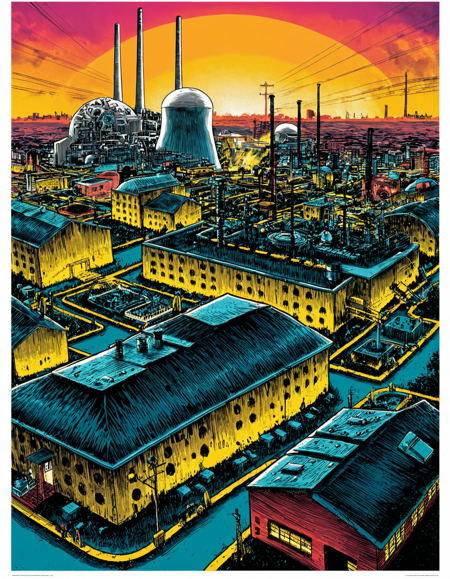 t1md0yl3, movie poster, 
no humans,  vibrant colors,  outdoors scenery, wide shot of a city, taken from above,
houses, wide shot, nuclear power plant, sunset,
white border, 
<lora:tim_doyle-SDXL-v1:1>