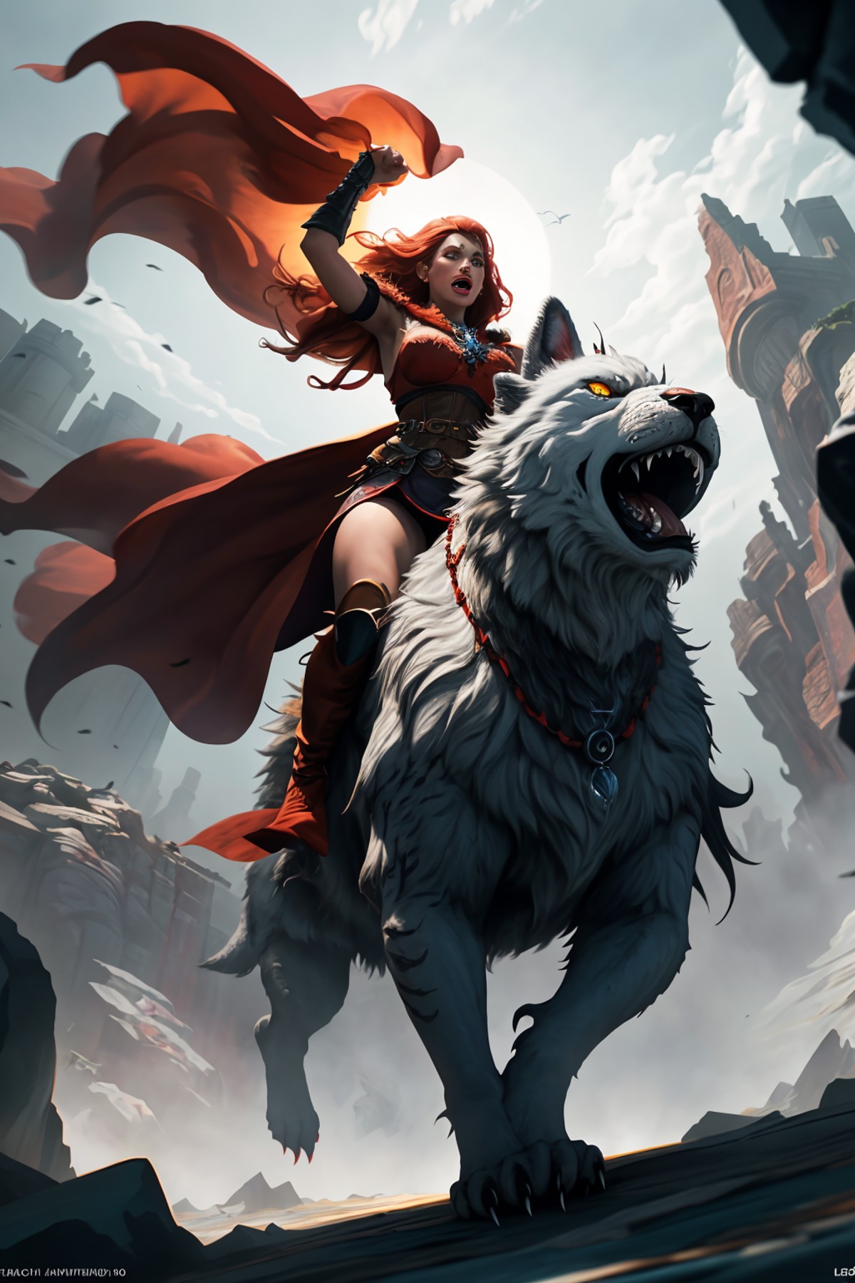 dungeons and dragons epic movie poster barbarian woman with cape charging into battle violent roar riding a vicious ice [w...