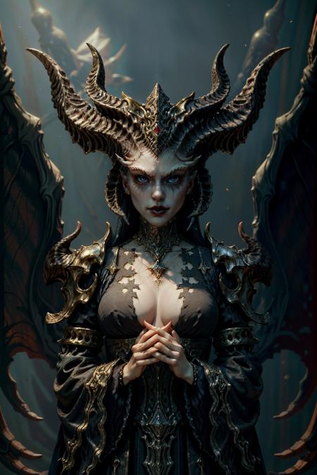 (masterpiece, best quality)
LilithDiablo, 1girl, horns, solo, breasts, blue eyes, center opening, looking at viewer, medium breasts, jewelry, closed mouth, wide sleeves, own hands together, armor, demon horns, multiple horns, lips, dress, long sleeves
<lora:epi_noiseoffset2:1>,  <lora:add_detail:0.7>,   <lora:LilithDiablo:1>