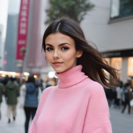 victoria_justice, <lora:VictoriaJusticeXL:1>, (walking down the street at dawn), shanghai, posing for the camera, pink turtleneck sweater, model shoot, ((perfect eyes, detailed eyes,realistic eyes)), ((sharp face, detailed face, realistic face, naturtal skin, realistic skin, detailed skin, pores))