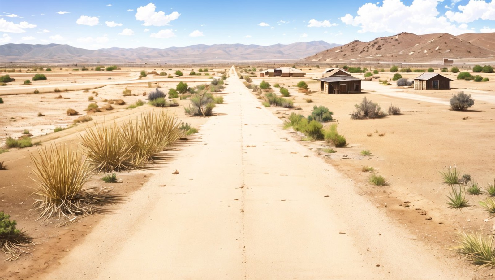 <lora:vn_bg:1> vn_bg, no humans, A lonely, old western town with a single dirt road, tumbleweeds blowing across the path, ...