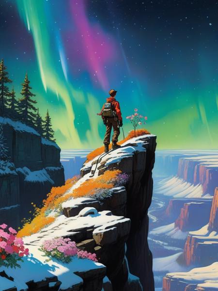 <lora:04Vintageillustration_Hap_XL:3.3>,Norman Rockwell style,vintage poster, an image of a person standing on top of a snowy cliff, looking down on a magical garden at the bottom of the cliff with many bright and colourful flowers, night sky with sparkling aurora borealis, from kingdom hearts, very very beautiful fantasy art, , neon ambiance, abstract black oil, gear mecha, detailed acrylic, grunge, intricate complexity, rendered in unreal engine, photorealistic,