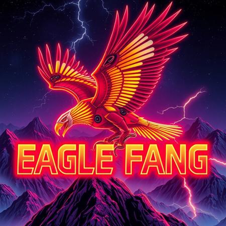 A robotic eagle flying over a mountain-top. red and yellow stripes.  snake in its talons. fanged beak.
Background mountains at night. Cosmic skyscape.  Synthwave colorscheme. Very realistic, fantasy illustration.
with the words "EAGLE FANG" emblazoned in 3D, intricate, lightning patterns, with a predominantly neon colors,