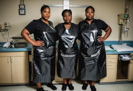 wide angle full body image of two obese black young 30 year old nurses, wearing shiny thick padded black waterproof aprons, standing in a hospital operating room, sweaty, hot, wet, dripping, steamy, humid, sweat soaked