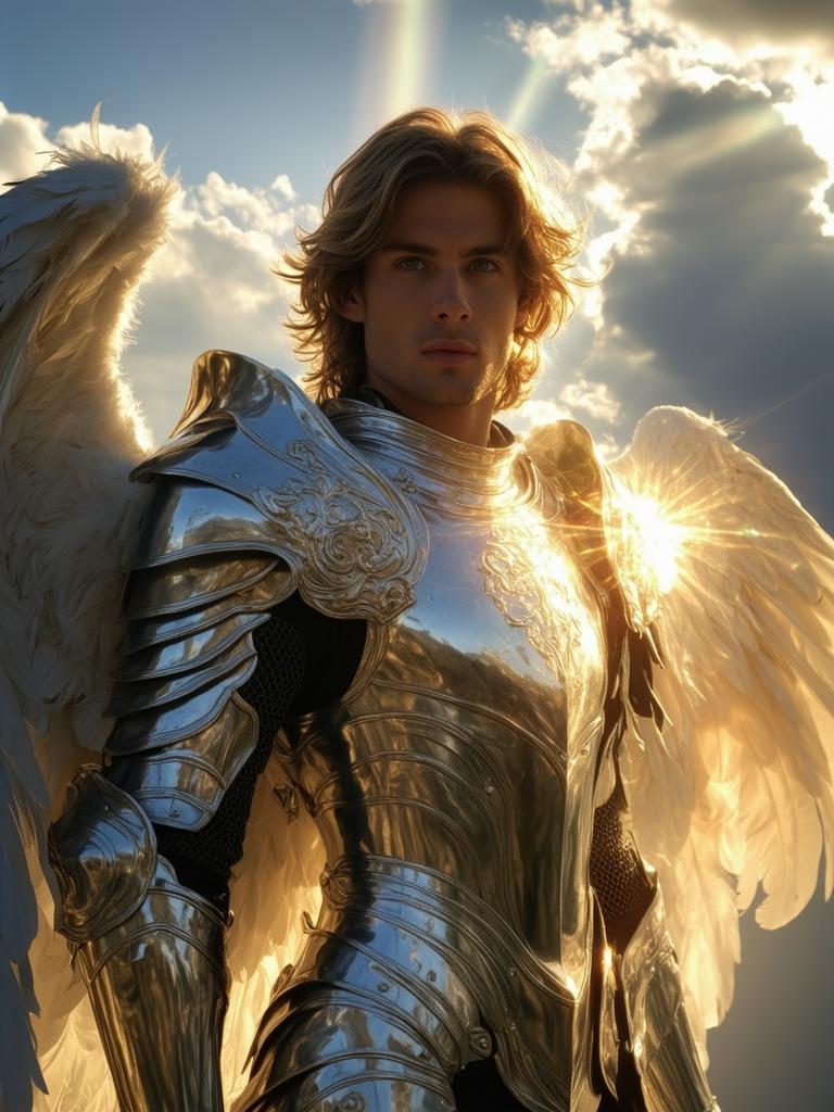 iph0ne an angelic warrior, standing at the forefront of a divine battle. His face, framed by a radiant golden light, glows with celestial power. His piercing blue eyes reflect the light of the heavens, while his skin shimmers with a soft, ethereal glow. Feathered, golden wings can be seen behind him, their tips glowing in the sunlight. His hair flows in the heavenly breeze, and his armor, engraved with celestial symbols, shines brilliantly in the light. The background is a cloud-filled sky, illuminated by beams of divine light, creating an awe-inspiring, epic scene of divine power and grace.















