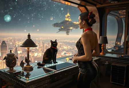 A sleek black cat with red collar sits on a cluttered metal riveted desk with transparent top and micro-LED lighted computer components visible inside, On the desk is an ebony and gold maneki neko statue and a classic ornate art deco lamp, the Black Cat is looking out of a seamless and futuristic floor to ceiling window that looks out at the lights of enormous buildings and cities far below, (((a beautiful woman, 24 years old, is standing in the foreground facing the viewer, the view out of the window depicts nebulae and starships, the sleek black cat with red collar is sitting on the desk and looking out the window, the woman is dressed in an ornate elegant Art-Deco Chinese style top that displays her toned abdomen and tight leather pants. An enormous art deco inspired starship with futuristic lighting and an enormous space station are visible in the background among the stars, The woman's hair is elegantly tied up with a ribbon. Artistic cyberpunk, dynamic perspective, (((overall architectural aesthetic is Art Deco Cyberpunk))).  Epic image that elicits a feeling of wonder and awe, part of the interior is visible,