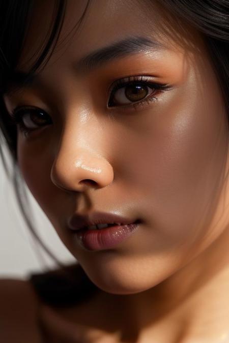 Close-up portrait of a stunning Asian woman, a beauty skincare model, with flawless, glowing, and healthy skin. She gazes directly at the viewer with captivating eyes. Cinematic lighting with soft highlights and dramatic shadows. Masterpiece quality, detailed skin texture with subtle imperfections, inspired by Yuya Akechi.