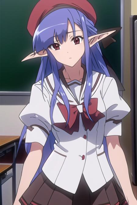 shufflenerine, <lora:nerinetest:1>,
nerine, long hair, blue hair, pointy ears, (red eyes:1.5),
BREAK skirt, hat, school uniform, short sleeves, socks, puffy sleeves, puffy short sleeves, beret,
BREAK looking at viewer,
BREAK indoors, classroom, 
BREAK <lora:GoodHands-vanilla:1>, (masterpiece:1.2), best quality, high resolution, unity 8k wallpaper, (illustration:0.8), (beautiful detailed eyes:1.6), extremely detailed face, perfect lighting, extremely detailed CG, (perfect hands, perfect anatomy),