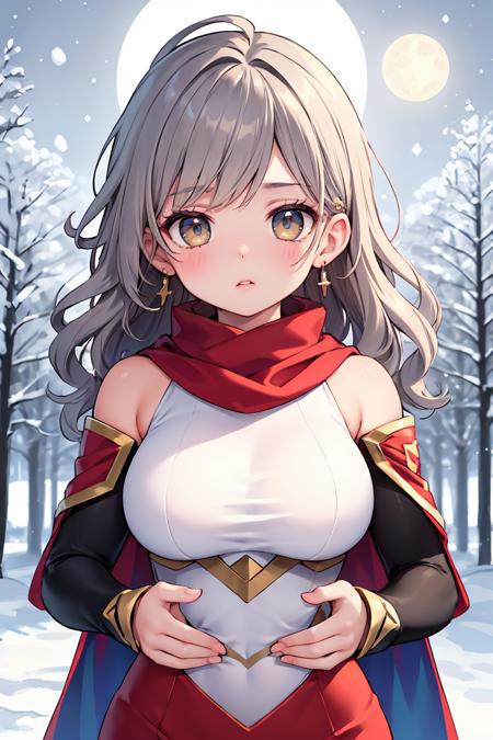 (masterpiece, best quality), Scarves, Superwoman, Short, Firm, Square Face, Tan Skin, Gray Hair, amber Eyes, Wide Nose, Pouty Lips, Prominent Chin, Shoulder-Length Hair, Wavy Hair, Bangs with Highlights, perky breasts, Clip-on earrings, peach cream lipstick, a moonlit path through a snow-laden forest