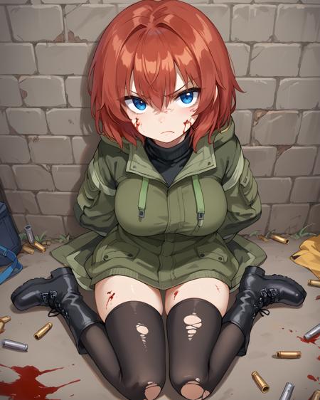 ayesha, red hair, short hair, blue eyes, large breasts, olive hoodie jacket, black turtleneck, closed jacket, belt, belt pouches, black thighhighs, black boots,