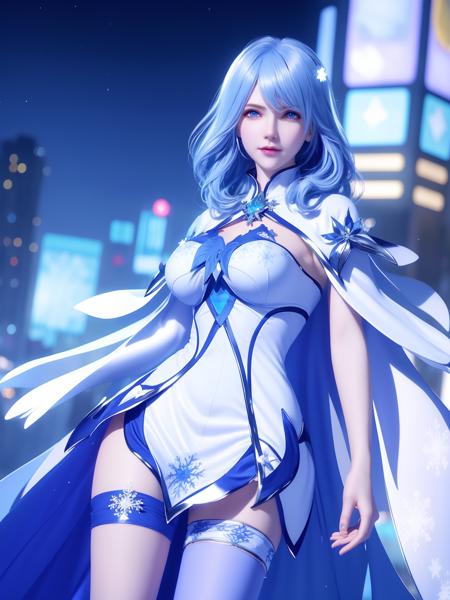 <lora:DLDLmengyiran_20230728215837:0.75>,1girl,mature female, cityscape, night,looking at viewer, blue eyes,short dress,white medium hair, blue hair,cape, white pantyhose,snowflakes, floral print, jewelry, gem,shiny, thigh strap,