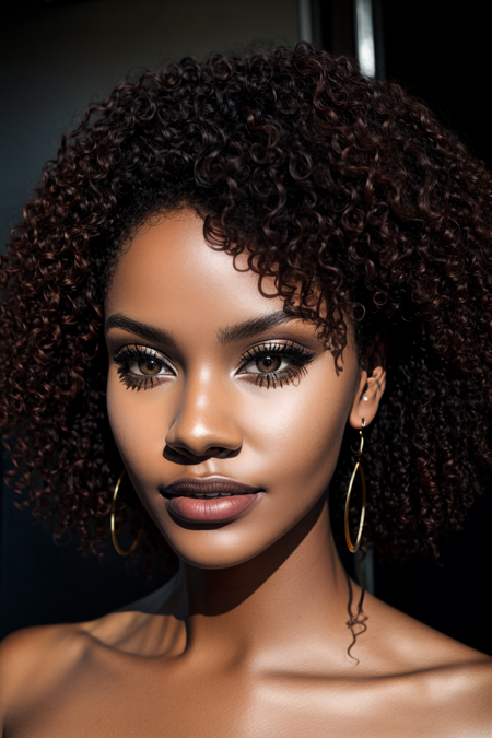 <lora:jordan_coleman-10:1>, jordan_coleman, masterpiece, high quality, highres, (realistic:1.3), hyperrealistic, ultra-detailed, curly hair, a woman with a very short hair posing for a picture, beautiful eyes, earrings, <lora:more_details:1>