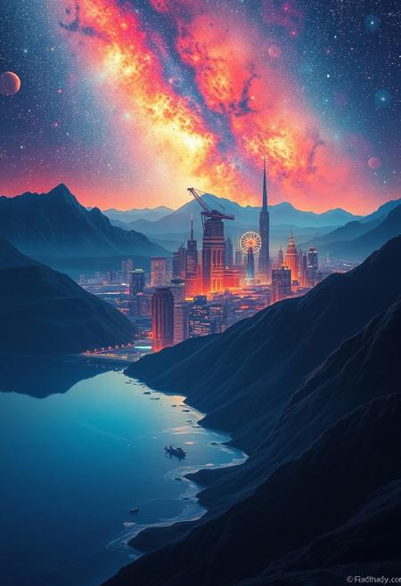 the city and the stars, mountains, coastal plain, vivid colour, science fiction, fantasy