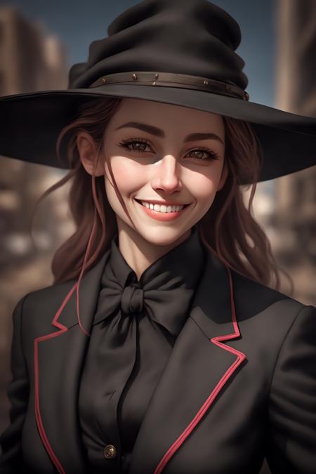 <lora:w3st:1> close up, w3st portrait, woman, black suit, smile