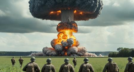 concept art of a nuclear explosion with mushroom cloud Saving Private Ryan Cinematic Film Style
 <lora:Saving Private Ryan Cinematic Film Style:1>
 <lora:PerfectEyesXL:1> <lora:lora6:1>
 <lora:perfect hands:1>
perfect hands, digital artwork, illustrative, painterly, matte painting, highly detailed