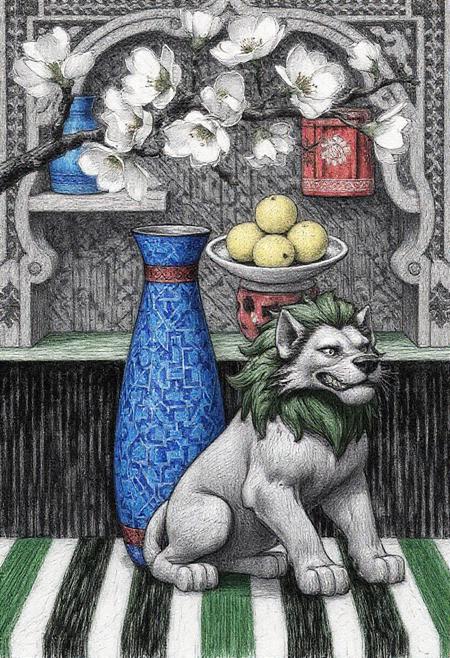 Pencil drawing, Generate a digital painting of a still life scene inspired by Korean folk art. The central focus should be a tall vase with a complex geometric pattern in blue and red, resting on a surface with green and black stripes. Next to the vase, show a seated mythical dog or lion-like creature with a grey coat, a colorful mane (red, green, and possibly other colors), and a fierce expression. Above and slightly behind the vase, present a shallow, round dish filled with three textured, pale yellow or white citrus fruits. A branch of a flowering tree, bearing light-colored blossoms, should enter the frame from the upper left. The background should consist of stylized shelves or architectural details with various patterns, including stripes, grids, and meanders, in a palette of blues, reds, greens, and black. The overall style should evoke the decorative and symbolic nature of Chaekgeori paintings.