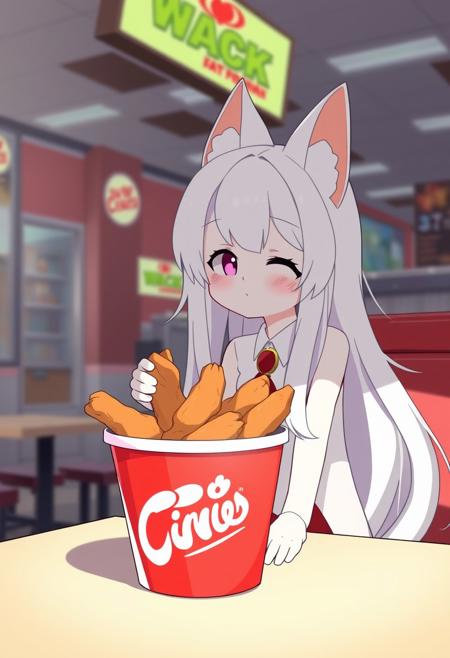 amazing quality,A cartoon cat girl with and white hair is sitting at a fast food restaurant eating chicken wings from a red and white bucket. ,photo background,animal ears,long hair,