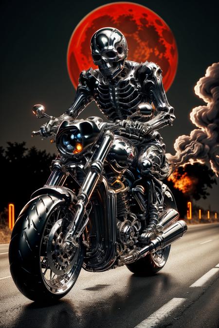 ral-chrome, motorcycle, with red hot exhaust, skeleton with chrome gear riding the bike, burnout with flames on the road, at night, red full moon background <lora:ral-chrome:1>